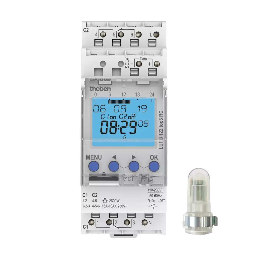 Theben 1220130 LUNA 122 top3 RC AL interruptor crepuscular 2 canales | sensor de luz de superficie, 84 memorias, 10 años reserva, entrada externa, antena conectable, 600 W LED, 800 A/200 µs