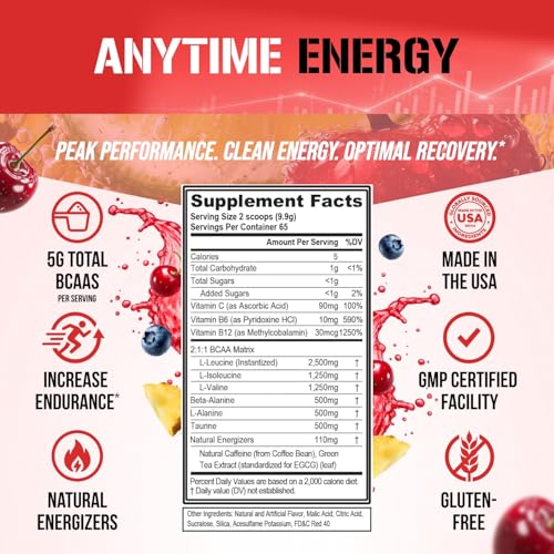 Image of Evlution EVL BCAAs Amino Acids Powder - BCAA Energy Pre Workout Powder for Muscle Recovery Lean Growth and Endurance - Rehydrating Post Workout Recovery Drink with Natural Caffeine - Fruit Punch