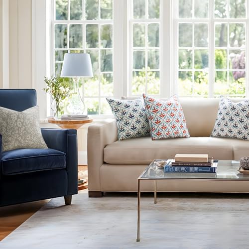 Image of MIULEE Pack of 2 Decorative Outdoor Waterproof Throw Pillow Covers Flower Print Chic Boho Accent Pillow Covers for Square Garden Patio Cushion 20x20 Inch, Blue-Rust