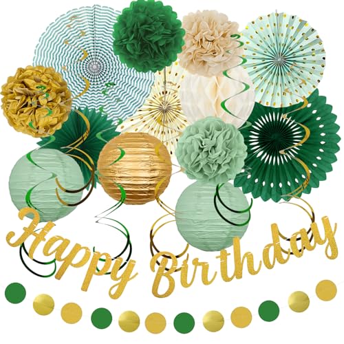 Sage Green Birthday Party Decorations - 21pcs with Happy Birthday Banner, Paper Lanterns, Tissue Pom Poms, Hanging Streamers, Round Garland for Women Girls Boys Birthday Decor Supplies.