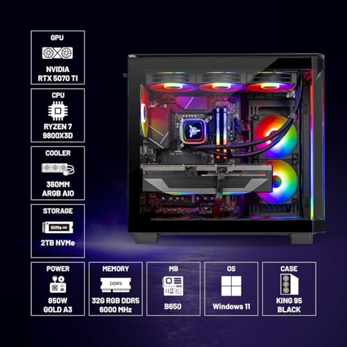 undefined Skytech Gaming King 95 Desktop PC, Ryzen 7 9800X3D 4.7 GHz (5.2 GHz), NVIDIA RTX 5070 Ti 16GB, 2TB Gen4 NVMe SSD, 32GB DDR5 RAM 6000 RGB, 850W Gold PSU, 360mm ARGB AIO, Wi-Fi, Win 11 の商品画像 3