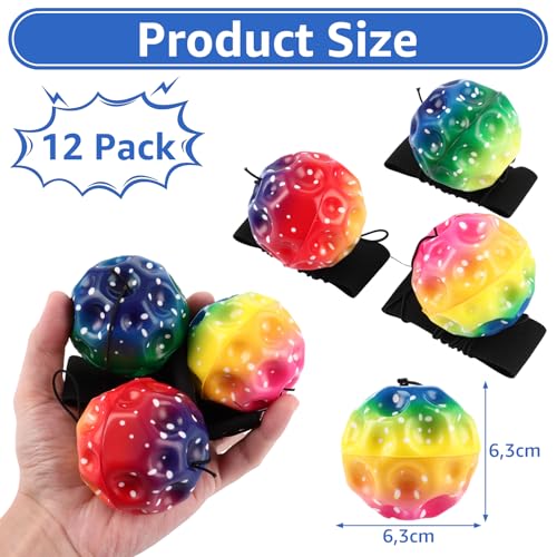 CYEER 12er Set Handgelenk-JoJo Bälle mit Schnur – 6,3cm Bunte Springbälle mit verstellbarem Armband – Ideale Mitgebsel für Kindergeburtstag, Koordinationstraining & Stressabbau – Regenbogen-Design