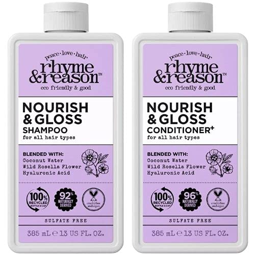 Rhyme & Reason Nourish and Gloss Shampoo and Conditioner SET. 13 Fl. Oz. Formulated with Coconut Water, Wild Rosella Flower and Hyaluronic Acid. For Healthy, Smooth and Naturally Glowing Finish.