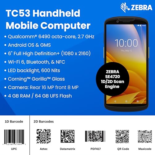 Zebra TC53 Escáner Móvil de Códigos de Barras | Pantalla Táctil 6" | WiFi 6, Bluetooth | Computadora Móvil Android | Escáner 1D y 2D | Cámaras Frontal y Trasera (Renovado) miniatura 3
