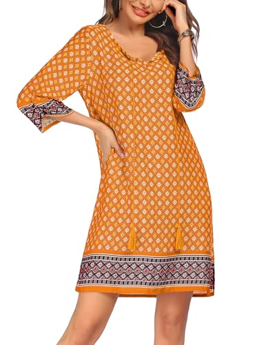 Image of Zeagoo Womens Boho Dresses Casual Beach Summer Dress Tassel Tie Neck 3 /4 Long Sleeve Mini Sundress 2026 Floral Print Cover Up
