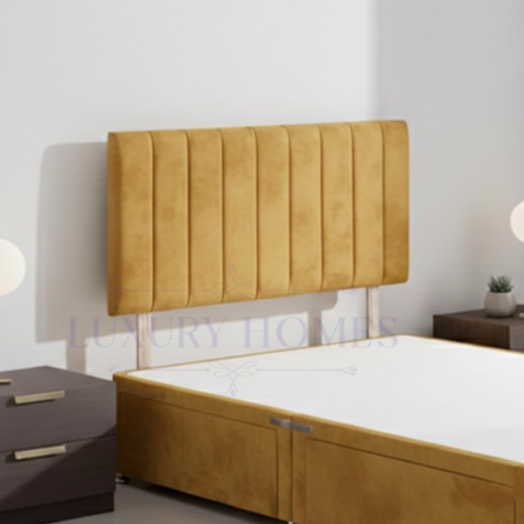 Ribbed Upholstered Bed Headboard, Soft Plush Velvet Fabric, Wall Mounted for Divan Beds (Mustard Plush, 4ft6 Double)