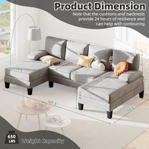 Bezseller U-Shaped 4-Seat Grey Chenille Modular Couch for Living Room