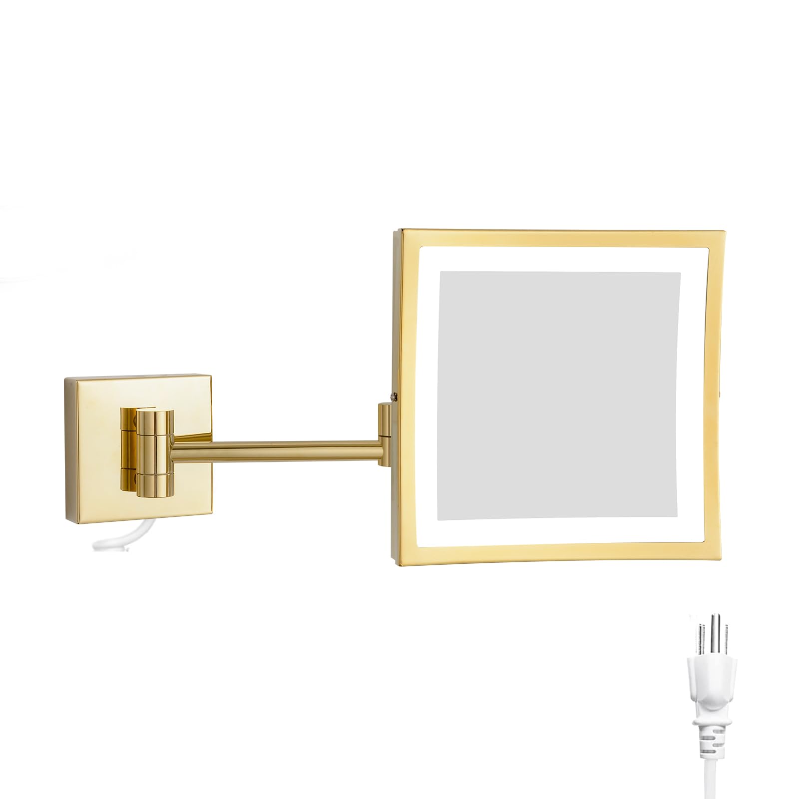 DOWRY Wall Mounted LED Lighted 5X Magnifying Square Makeup Mirror with Plug,8 Inch, Polished Gold Finished Dowry1802D-8x5