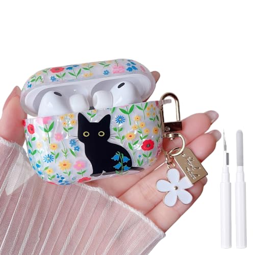Image of MINSCOSE for AirPods Pro 3 Glitter Case,Cute Cat Flower Shell Pattern Design with Girly Keychain,Soft TPU Protective Shockproof Cover with Cleaner Kit for Girls Women for AirPods Pro 3-Cat