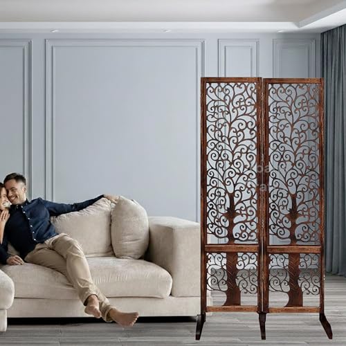 Image of Wooden Room Partition /Screen /Room Divider /Room Separator Traditional Handicrafts 6Ft (Dark Brown) (Tree 2 Panel with Stands)