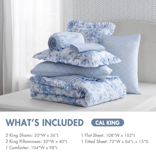 Image of Madison Park Essentials Adele Blue Floral Cal King Size Comforter Set - Vintage Bed in a Bag with Sheets, Reversible Ruffle Bedding, Elegant Gift for Her