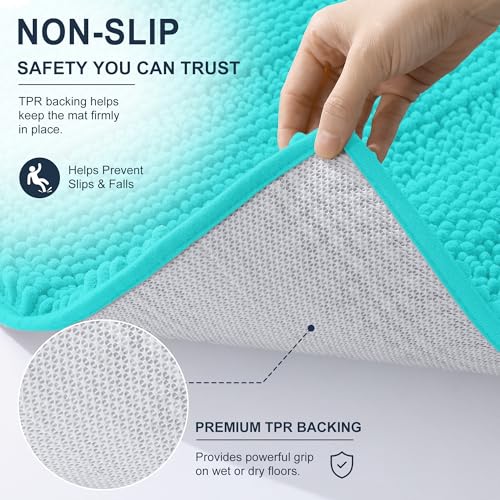 Image of Smiry Thick Chenille Bathroom Runner Rugs 59x20, Absorbent Striped Bath Mat, Machine Washable, Rubber Backing, Extra Long Bath Rugs for Tub & Shower, Modern Home Decor Accessories, Teal