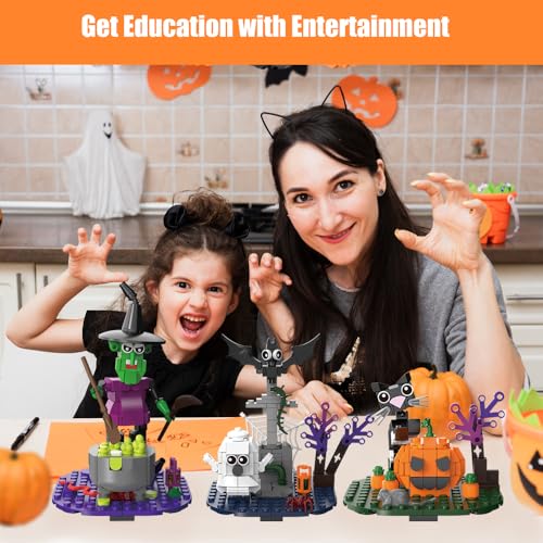 Image of Halloween Building Blocks Set - Pumpkin Ghosts Witch Cat Grave Kit, Party Favors Gift Ornament for Kids