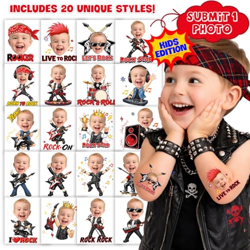 Image of Custom Rock Temporary Tattoos for Kids, Set of 20 | Personalized Pre-Cut Face Photo, Birthday Party Favors, For Boys Girls, Rock Fans