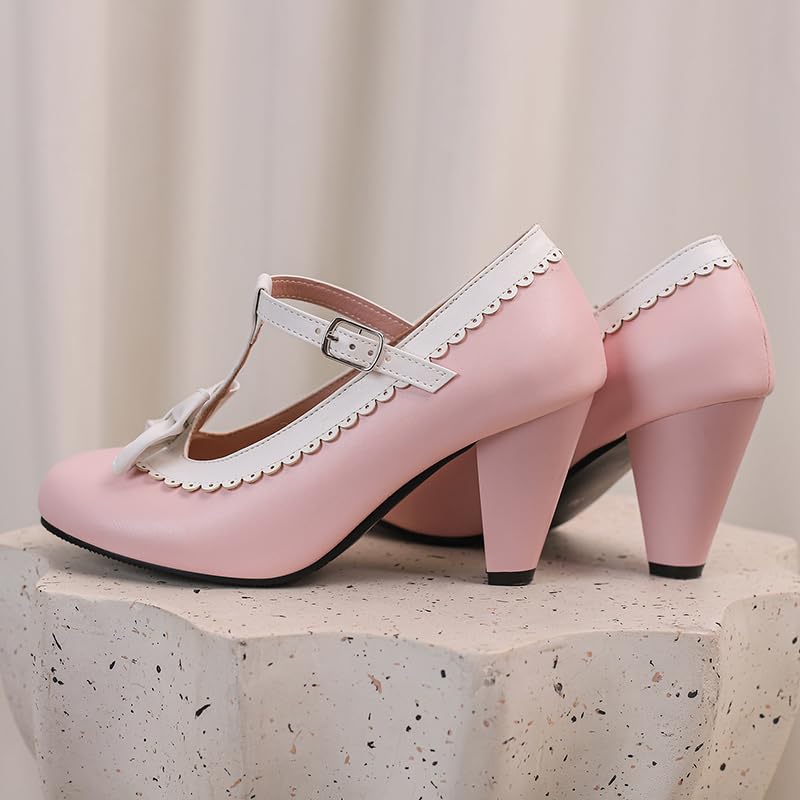 Image of Elbslutt Women's Cute Retro Rockabilly Shoes T Strap Mary Janes Heels Chunky Cosplay Shoes Sweet Block Heeled Bow Pumps