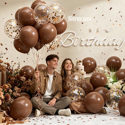Image of SUWEN 47PCS Brown Latex and Confetti Dark Coffee Brown Balloons Set