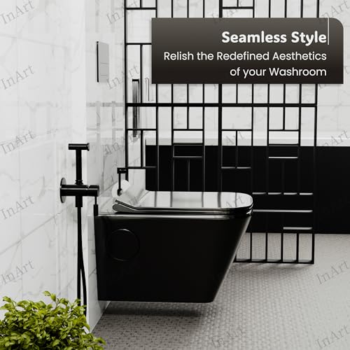 Image of InArt Ceramic Wall Hung Rimless Western Toilet Commode with Soft Close Seat for Bathroom - P Trap Outlet from Wall (Black Glossy)