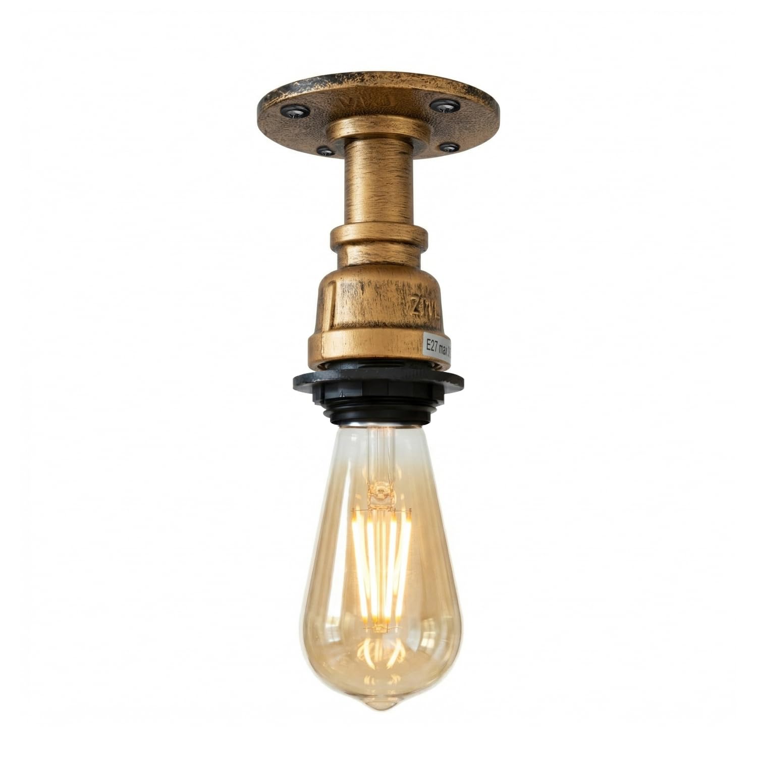 LEDSone Steampunk Industrial Pipe Ceiling Light – Vintage Metal Flush Mount Pendant Lamp with E27 Edison Bulb Included, Retro Loft Lighting for Kitchen, Bar, Café & Hallway – Brushed Copper