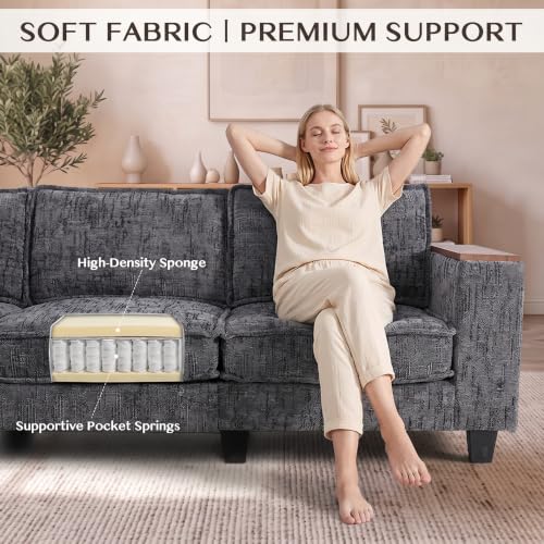 Image of 97 inch 5 Seat V-Shaped Sectional Couch, Modern Comfy Chenille Corner Sofa, Modular Convertible L-Shaped Couch, Convertible Sofa with Storage Armrests & 2 Pillows, Sectional Couches for Living Room, Grey