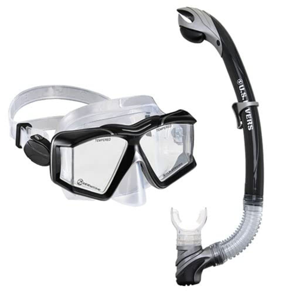 US.Divers Combo SIDEVIEW - Kit per immersioni per adulti, maschera e boccaglio con visione a 180°, protezione UV, lenti antiappannamento, boccaglio con spurgo, visione, uomo e donna, silicone