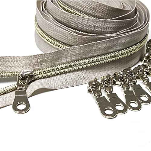 Image of Leekayer #5 Light Gold Teeth Metallic Nylon Coil Zippers by The Yard Bulk 10 Yards Beige Tape with 25pcs Gold Sliders for DIY Sewing Tailor Craft Bag(Beige)