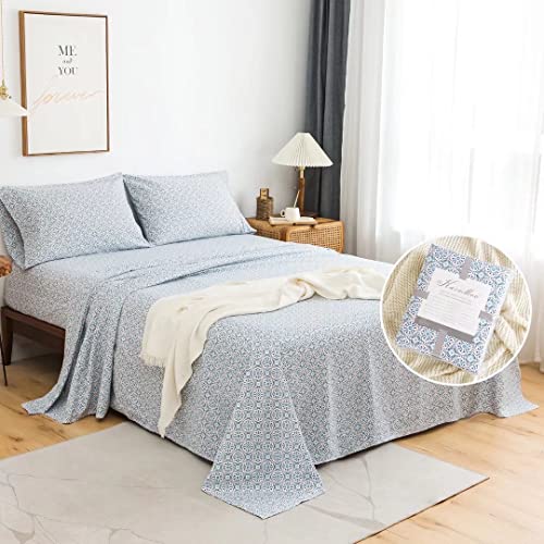 King Sheet Set 4Pc Printed Floral Pattern Double Bed Luxury Cooling Soft 100% Microfiber Brushed Sheets 17” Deep Pocket, Easy Care, Breathable, Wrinkle Free, Machine Washable Bedding – (Blue Boho) #TOP7