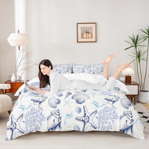 Coastal Duvet Cover Set Queen Size,Beach Seashell Starfish Coral Bedding Set 3Pcs,Sea Ocean Theme Comforter Cover for Kids Teens Adult Bedroom Decor,Navy Sketch Nautical Quilt Cover,(Not Comforter)
