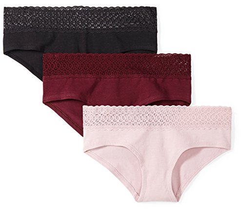 Amazon Brand - Mae Women's Lace Waistband Cotton Hipster Panty, 3 Pack, Black/Purple/Dawn Pink, X-Small