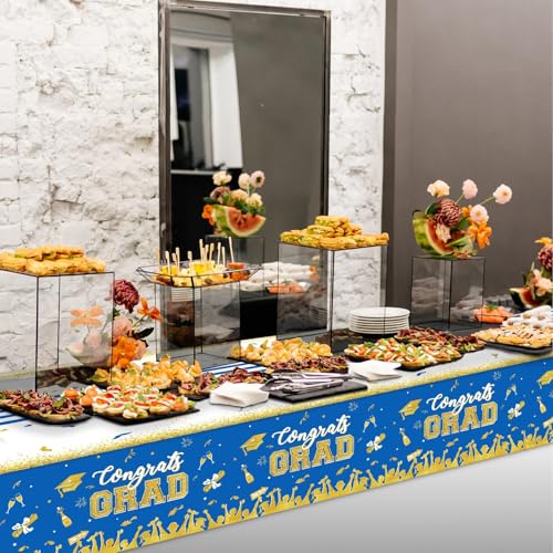 Image of chiazllta Set of 3 Graduation Tablecloths Class of 2026 Congrats Grad Blue Graduation Party Tablecover Decorations Party Supplies Large Size Plastic 54 inchx108 inch(Blue & Gold)