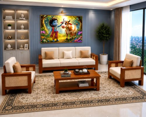 Image of Wooden Sofa Set for Living Room | Sofa Set | Rattan 5 Seater Sofa Set | Solid Sheesham Wood Sofa Set 5 Seater for Hone & Office Furniture (3+1+1 Natural Teak Finish)
