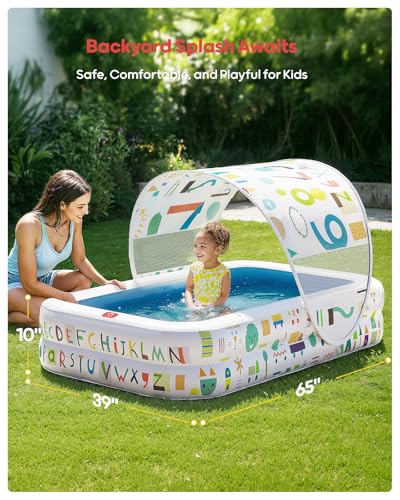 Image of QPAU Kiddie Pool with Canopy, Inflatable Design, 65 x 39 in, Blue