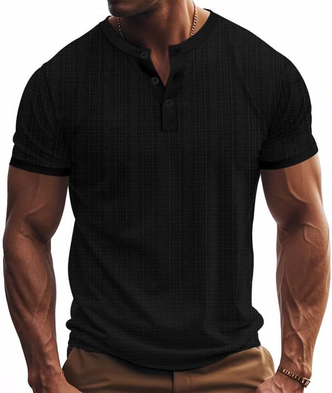 Men's Henley Shirt - Short Sleeve 1/4 Button Loose Breathable Casual Top for Business Everyday Wear