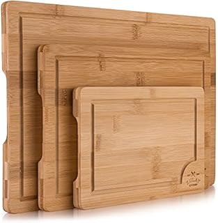 Zulay Kitchen 3-Piece Bamboo Cutting Board with Juice Groove - 100% Thick Wood Cutting Board Set - Large Cutting Board Bamboo with Handle - Wood Cutting Boards for Kitchen