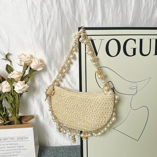 Pearl Hand Bag For Women, Woven Shoulder Bag Handmade Beach Female Messenger Bag, Conch Straw Evening Bag for Summer Holiday4
