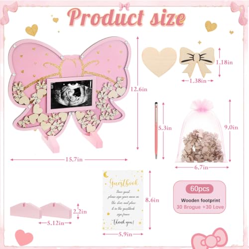 Image of Kosiz Pink Bow Baby Shower Guest Book, Coquette Aesthetic Acrylic Guest Book Alternative with Wooden Bows and Hearts for 60 Guests, Baby Shower Sign and Nursery Keepsake
