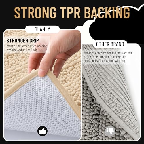 Image of OLANLY Thick Large Bathroom Rugs 47x32, Extra Soft Absorbent Chenille Striped Bath Rugs, Rubber Backing, Machine Wash Dry, Bath Mats for Bathroom Floor, Tub and Shower, Home Decor Accessories, Beige