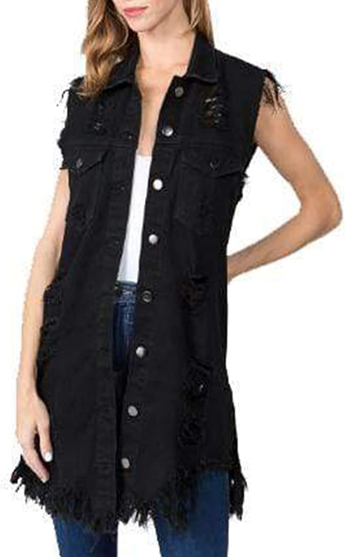 Songling Women's Distressed Ripped Sleeveless Mid Long Denim Jacket Jean Vest Cardigan Coats - Image 6