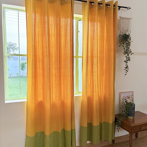 Image of RANGBHAR Handloom 100% Cotton Curtains for Door, Premium Extra Wide Curtains, 70-75% Room Darkening Cotton Curtains 5 Feet Long Set of 2 with Eyelets, (Yellow, Window-5 Feet X 5 Feet)