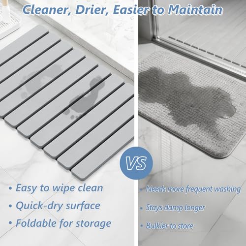 Image of AWW Foldable Stone Bath Mat, Quick Dry Diatomaceous Earth Bath Mat with Non-Slip Mat, Super Absorbent, Easy to Clean, Compact for Small Bathrooms, 23.6 x 15.5, Light Grey