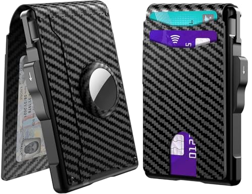 Image of Mens Pop Up Wallet for AirTag: Premium Genuine Leather, RFID Blocking, Smart, Minimalist, 9-14 Card Capacity, ID Window, Cash Slot (Carbon Fiber Black 2)