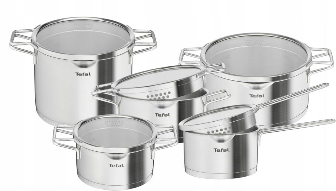 Tefal Nordica 10-teiliges Topfset, Kochgeschirr-Set, Stielkasserolle 16 cm + Kochtöpfe 18/20/22/24 cm aus Edelstahl + Glasdeckeln, Ausgießer, einfaches Abtropfen, Induktion