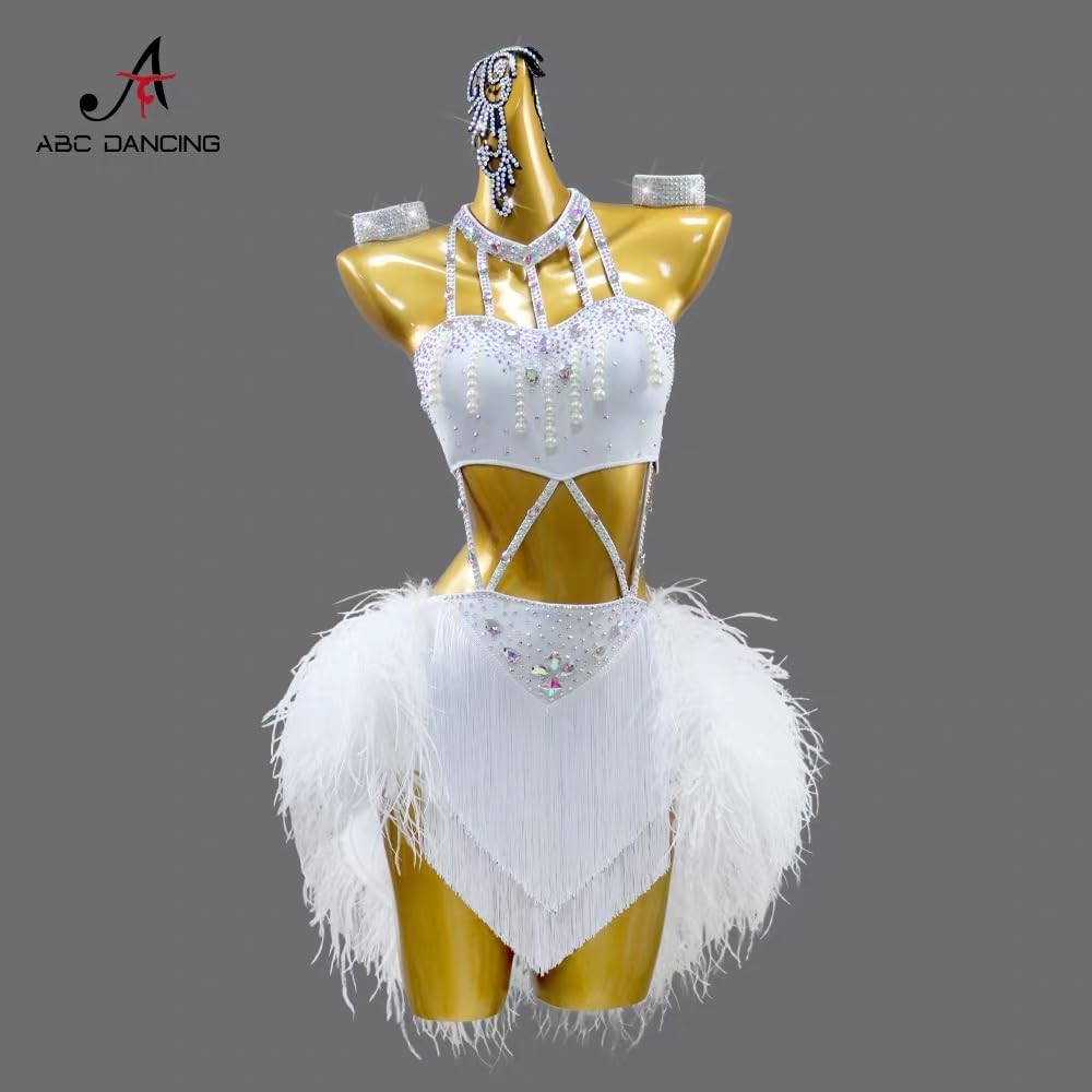 Professional Ballroom Dance Costumes Hollow Latin Rumba Performance Dancewear Cha Cha Dancing Feather Outfits