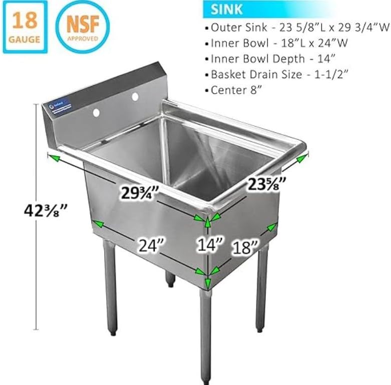 Stainless Steel Prep & Utility Sink | 304 Stainless Steel | NSF | Inner Bowl Size: 24" x 24" | Overall Size: 30" x 29.5" | Restaurant, Kitchen, Laundry, Garage
