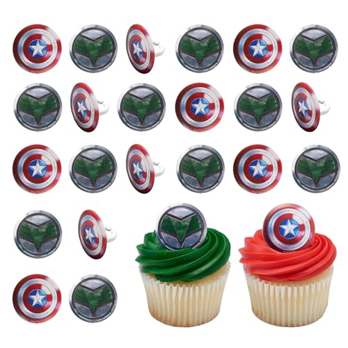 Marvel Studios' Captain America: Brave New World Cupcake Rings, 24 Captain America & Falcon Cupcake Decorations, Food Safe Cake Toppers, Party Favors – 24 Pack