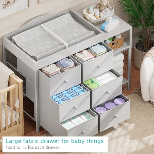 Image of BOLUO Baby Dresser with Changing Table Top, Gray Changing Table Dresser with 6 Fabric Drawers Diaper Changing Station with Storage Shelf for Nursery Modern