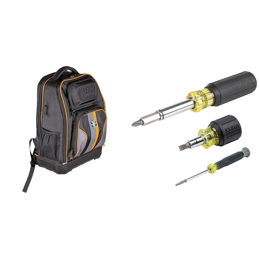 Klein Tools Laptop Backpack Tool Bag with Molded Bottom Charging Port 28 Pockets and 3-Piece Screwdriver Nut Driver