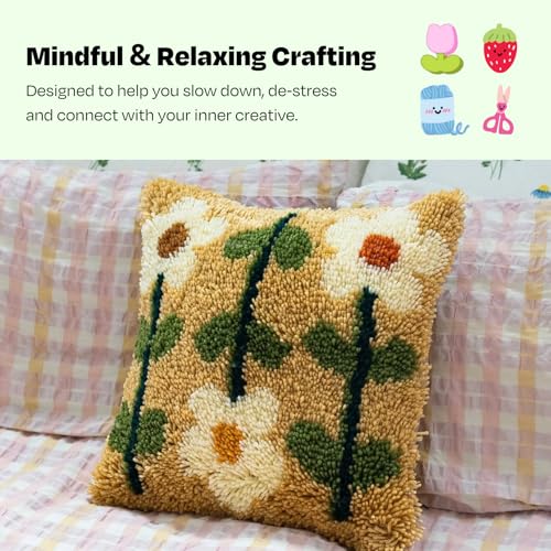 Image of CRAFT CLUB Pick of The Bunch Cushion Kit | DIY Latch Hook Kits for Adults | Sewing Kit with Pre-Cut Yarn & Wooden Tool | Cushion Covers for Bedroom Decor | Arts & Crafts Supplies | 17in x 17in