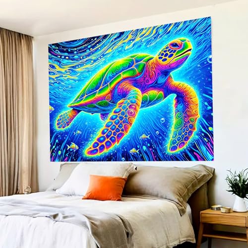 Image of BlissYard Blacklight Tapestry 78x59 Inch Sea Turtle Glow in the Dark Trippy Ocean Wall Art UV Reactive Neon Psychedelic Turtle Tapestry for Bedroom Dorm Party Wall Hanging Decor