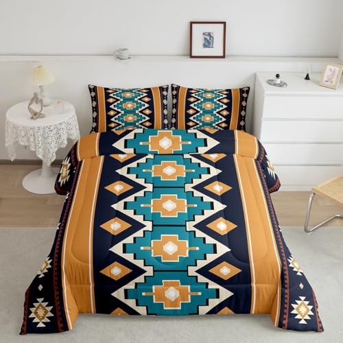 Image of Feelyou Boho Aztec Bedding Set Soft for Boys Girls, West Comforter Set Toddler Size Blue Teel Duvet Quilt Microfiber Western Bedroom Decor 2 Pcs with 1 Pillow Cases