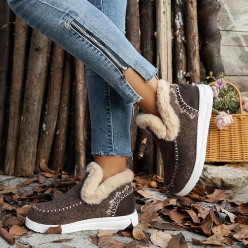 SACFOF Womens Winter Flat Fluffy Snow Boots,Warm Faux Fur Lining Anti-Slip Slip on Loafer Casual Outdoor Plush Short Booties4